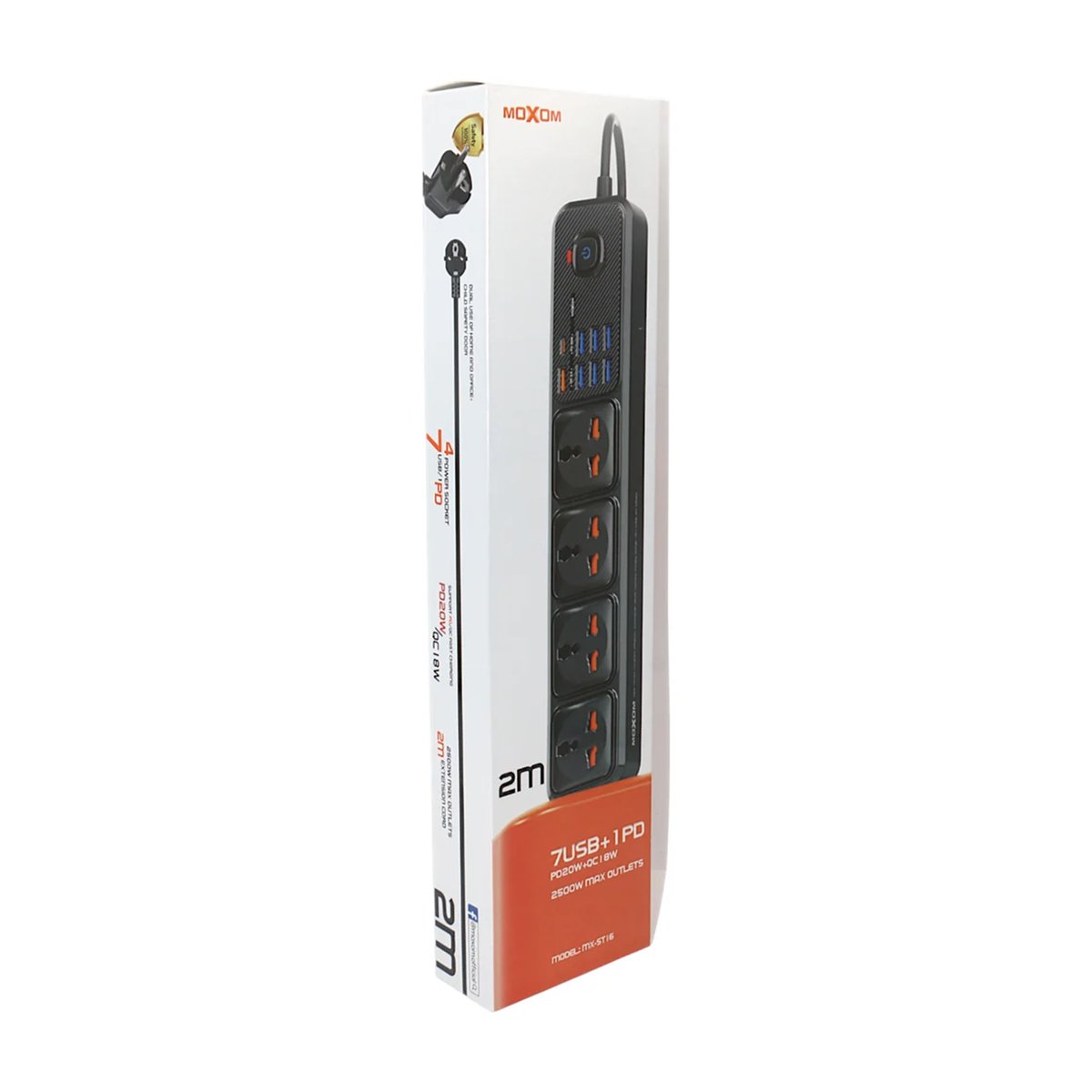Emballage de la rallonge MOXOM MX-ST16 7 USB + 1 PD, câble 2 m, 2500 W