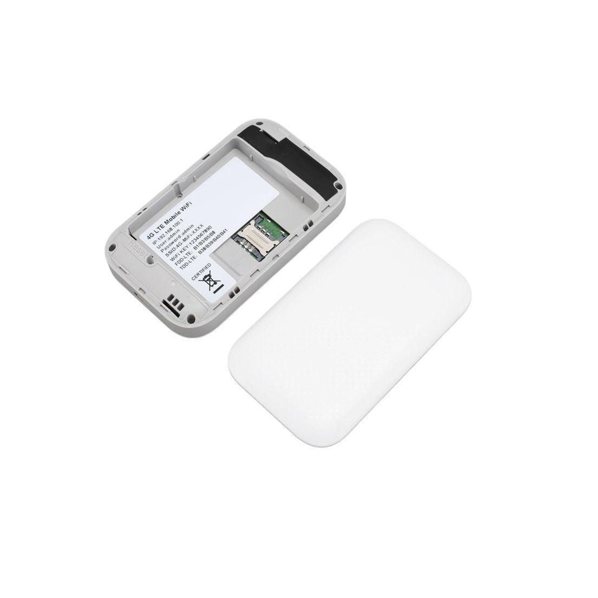 Modem 4G MF68E ouvert montrant l'emplacement de la carte SIM et la batterie