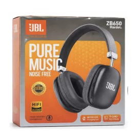 Casque Bluetooth JBL ZB650 noir devant sa boîte Pure Music